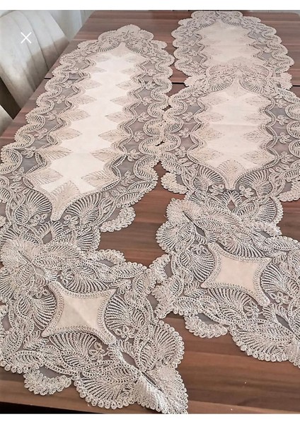 Damla 5 Parça Lüks Runner Salon Oda Sehpa Masa Örtü Takımı Fransız Güpürlü Çeyizlik Set Kapiçino fiyatları