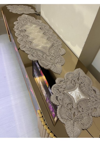 Damla 5 Parça Lüks Runner Salon Oda Sehpa Masa Örtü Takımı Fransız Güpürlü Çeyizlik Set Kapiçino modelleri