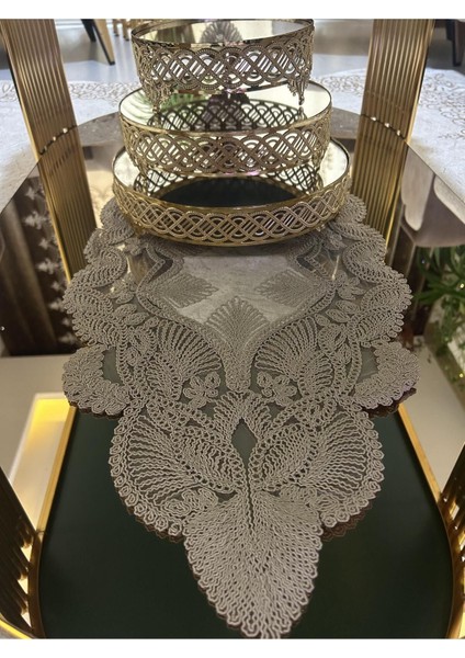 Damla 5 Parça Lüks Runner Salon Oda Sehpa Masa Örtü Takımı Fransız Güpürlü Çeyizlik Set Kapiçino indirimleri