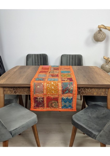 Hint Işi Karma Renkli Kırkyama Runner Turuncu Dekoratif Örtü El Işi Kırk Yama Ranır Masa Örtüsü