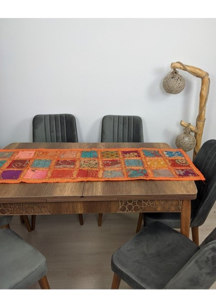 Hint Işi Karma Renkli Kırkyama Runner Turuncu Dekoratif Örtü El Işi Kırk Yama Ranır Masa Örtüsü