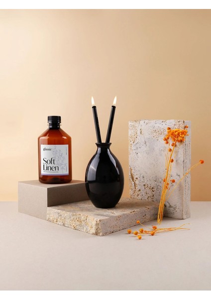 Kokulu Enigma Siyah Cam Kandil Seti (500 ml Soft Linen Kokulu Kandil Yağı)