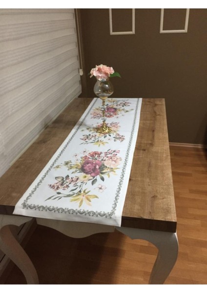 Gardenya Pamuk Duck Çiçek Baskılı Kumaş Krem Runner&kırlent Seti 3 Parça - 650