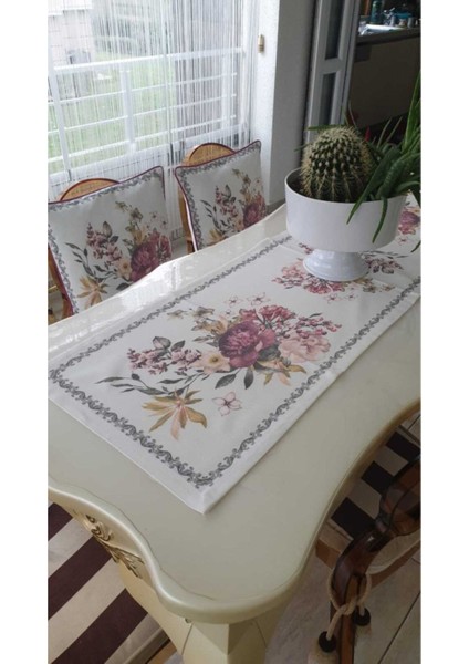 Gardenya Pamuk Duck Çiçek Baskılı Kumaş Krem Runner&kırlent Seti 3 Parça - 650