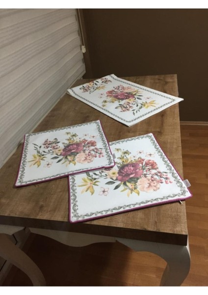 Gardenya Pamuk Duck Çiçek Baskılı Kumaş Krem Runner&kırlent Seti 3 Parça - 650