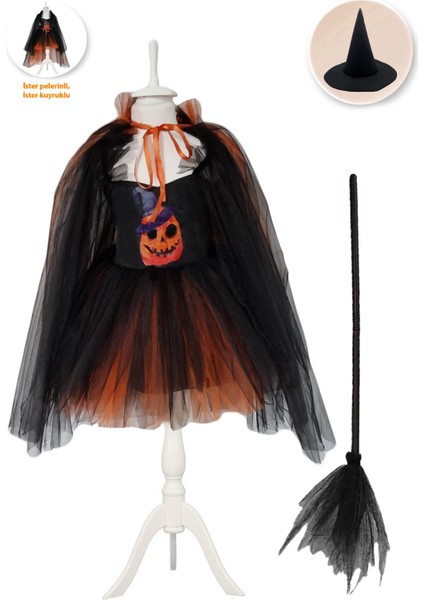 Kuyruklu Bal Kabağı Tül Kollu Cadı Kostümü + Cadı Şapka + Süpürge, Cadılar Bayramı Kostümü Halloween