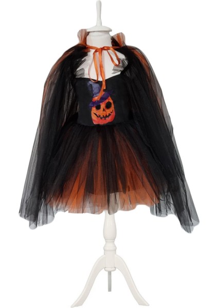 Kuyruklu Bal Kabağı Tül Kollu Cadı Kostümü + Cadı Şapka + Süpürge, Cadılar Bayramı Kostümü Halloween