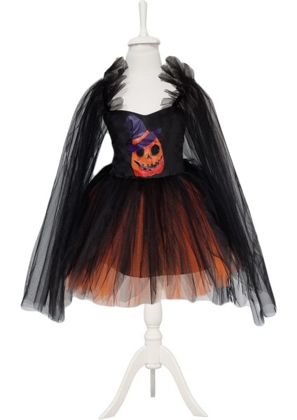 Kuyruklu Bal Kabağı Tül Kollu Cadı Kostümü + Cadı Şapka + Süpürge, Cadılar Bayramı Kostümü Halloween
