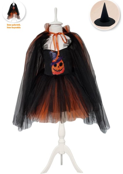 Kuyruklu Bal Kabağı Tül Kollu Cadı Kostümü + Cadı Şapkası, Cadılar Bayramı Kostümü Halloween Cosplay