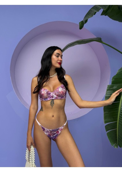 Sparkle and Glimmer Clementıne Purple Mor Çiçek Desenli Bralet Sütyen Iç Giyim Çamaşır Takımı