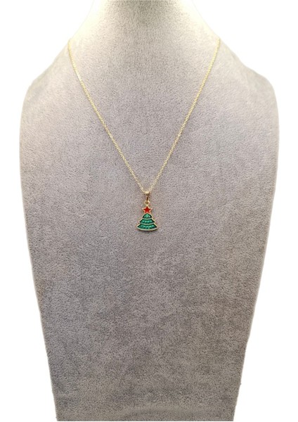 Altın Renk Yıldızlı Yeşil Yılbaşı Ağacı Kolye