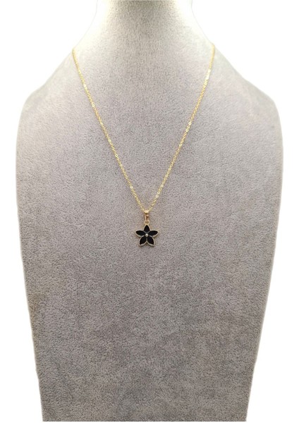 Altın Renk Siyah Çiçek Kolye