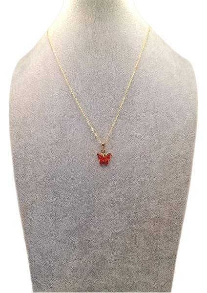 Altın Renk Kırmızı Simli Kelebek Kolye