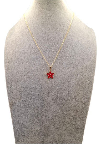 Altın Renk Kırmızı Çiçek Kolye