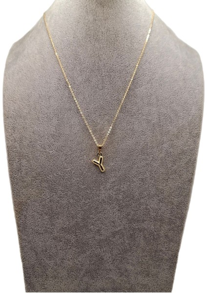 Altın Renk Çizgi Desenli Y Harfi Balon Model Kolye