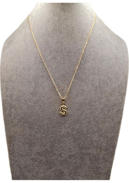 Altın Renk Çizgi Desenli S Harfi Balon Model Kolye