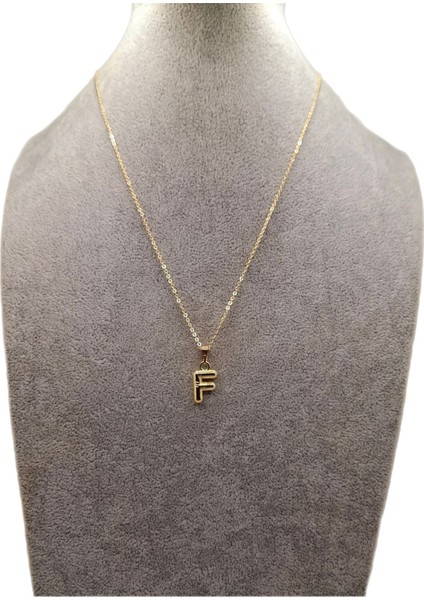 Altın Renk Çizgi Desenli F Harfi Balon Model Kolye