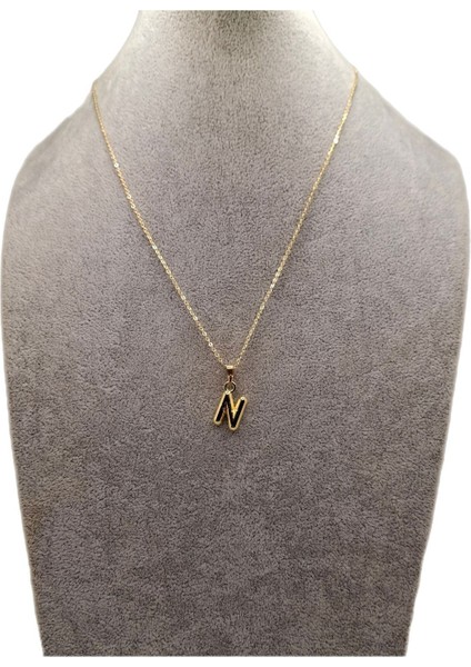 Altın Renk Çizgi Desenli N Harfi Balon Model Kolye