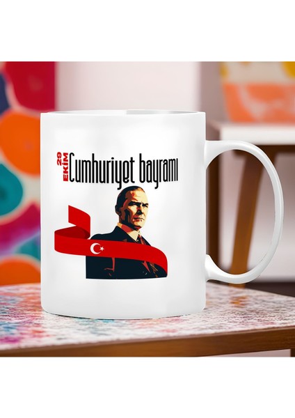 Cumhuriyet Bayramı ve Atatürk Temalı - 1 Adet Kupa Bardak Büyük Boy 300 ml