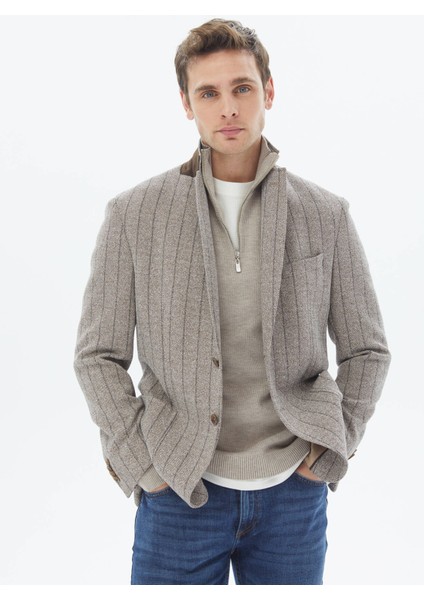 Kahverengi Çizgili Modern Fit Pamuk Karışımlı Örme Ceket