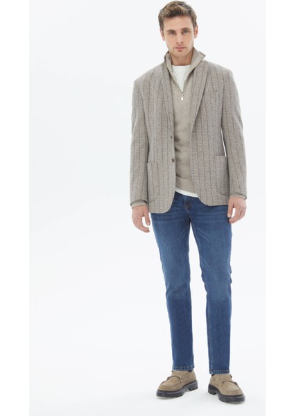 Kahverengi Çizgili Modern Fit Pamuk Karışımlı Örme Ceket