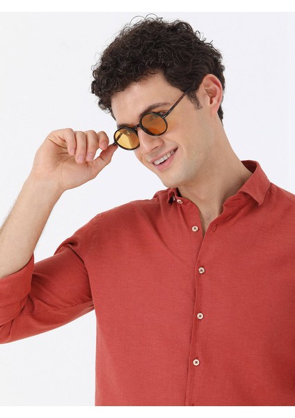 Kiremit Düz Regular Fit Dokuma Casual Pamuk Karışımlı Gömlek
