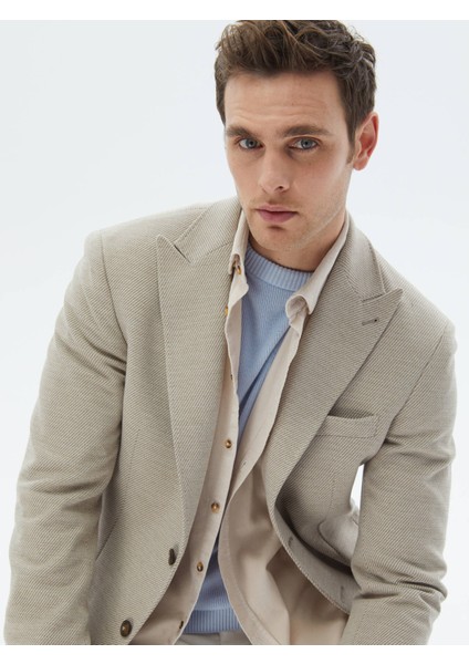 Bej Desenli Modern Fit Pamuk Karışımlı Örme Ceket