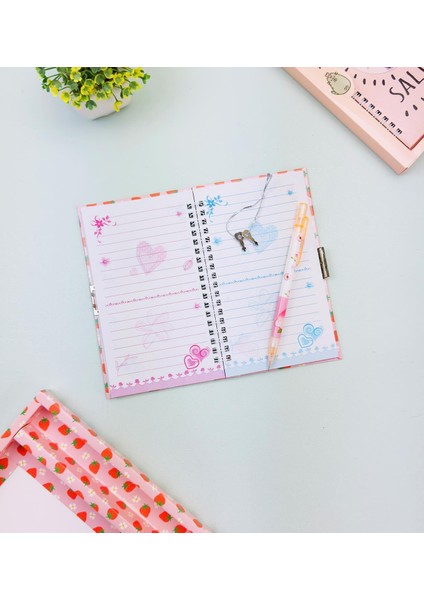 Sevimli Desenli Kilitli Defter ve Kalem Seti