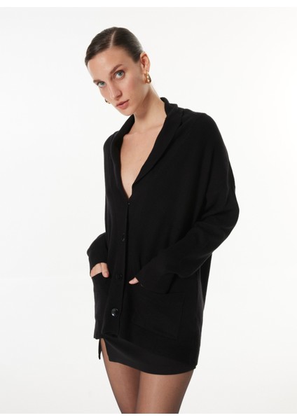 Siyah Kadın Şal Yaka Basic Düz Hırka FC4WL-HRK0279