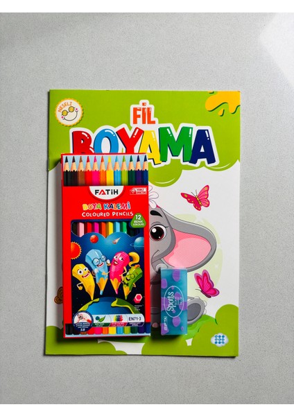 Fil Boyama Kitabı +Fatih 12'li Boyama Kalemi + Yumuşak Silgi Hediye Seti
