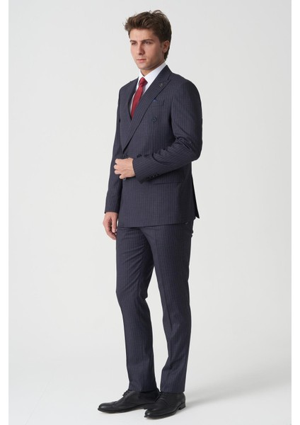 Agualva-Cacém T2475 Slim Fit 6 Drop Kruvaze Takım Elbise Desenli