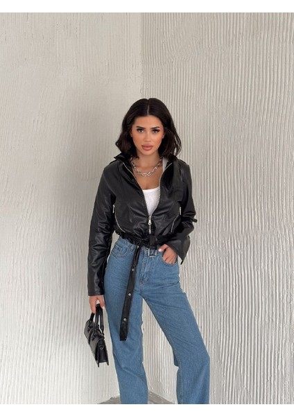Infome Kadın Fermuarlı Kemerli Deri Ceket