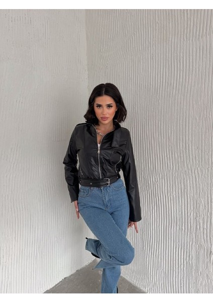 Infome Kadın Fermuarlı Kemerli Deri Ceket modelleri