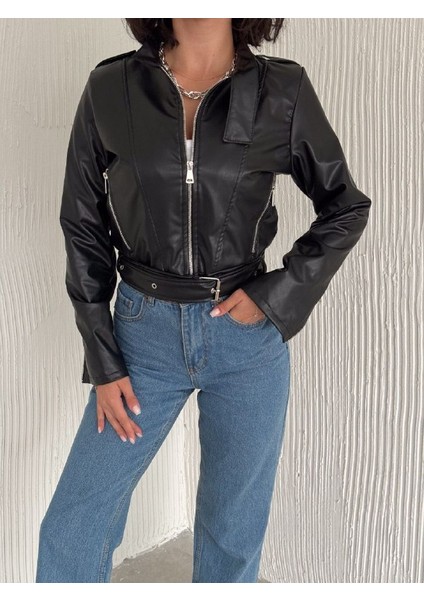 Infome Kadın Fermuarlı Kemerli Deri Ceket fırsatları