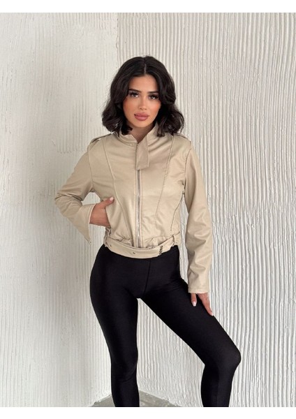 Infome Kadın Fermuarlı Kemerli Deri Ceket fırsatları