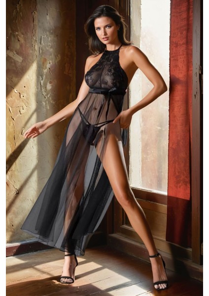 Kadın Siyah Halter Yaka Kolsuz Dantel Detaylı Transparan Tül Uzun Gecelik fiyatları