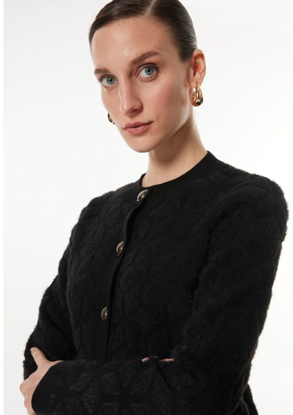 Siyah Kadın Bisiklet Yaka Basic Fit Jakarlı Hırka F4WL-HRK0218