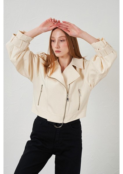 Kadın Naturel Yan Fermuarlı Kol Manşetli Balık Sırtı Gabardin Ceket fiyatları