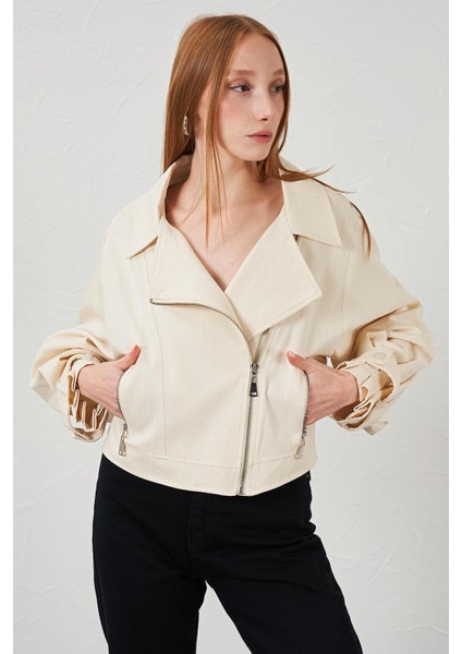 Kadın Naturel Yan Fermuarlı Kol Manşetli Balık Sırtı Gabardin Ceket modelleri