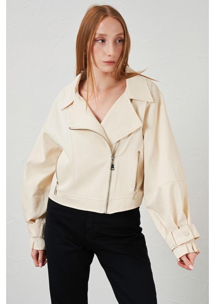 Kadın Naturel Yan Fermuarlı Kol Manşetli Balık Sırtı Gabardin Ceket fırsatları