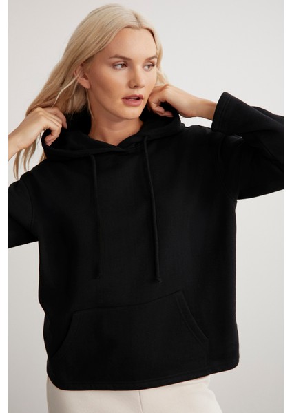 Gayle Kadın Kapüşonlu Içi Polarlı Relaxed Kalıp Basic Siyah Sweatshirt