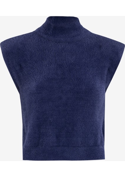 Dik Yaka Crop Düz Lacivert Kazak Kadın F4WL-KZK0391