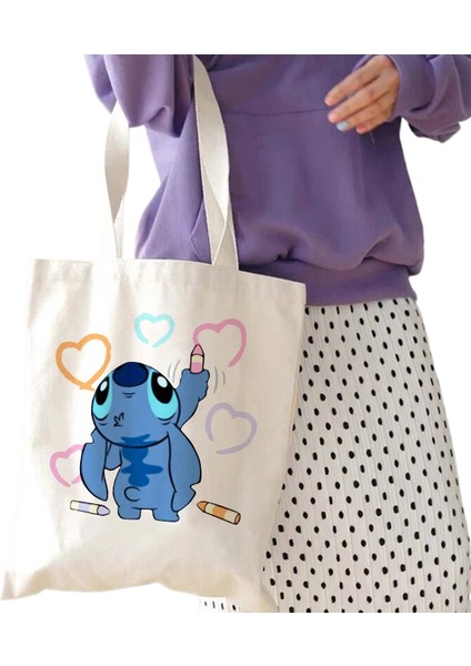 Y2K Disney Dikişli Tote Shopper Kanvas Çanta Eko Lilo ve Dikiş Alışveriş Çantası Kadın Tote Harajuku Kadın (Yurt Dışından)