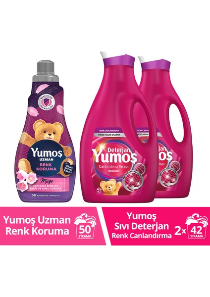 Çamaşır Yumuşatıcısı Renk Koruma 1200 ml x1 + Yumoş Sıvı Deterjan Renkli Giysiler 2520 ml x2