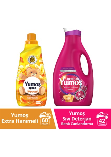 Çamaşır Yumuşatıcısı Hanımeli 1440 mlx1 + Yumoş Sıvı Bakım Deterjanı Renkli Giysiler 2520 ml x1