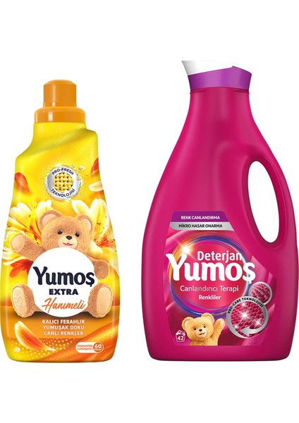 Çamaşır Yumuşatıcısı Hanımeli 1440 mlx1 + Yumoş Sıvı Bakım Deterjanı Renkli Giysiler 2520 ml x1