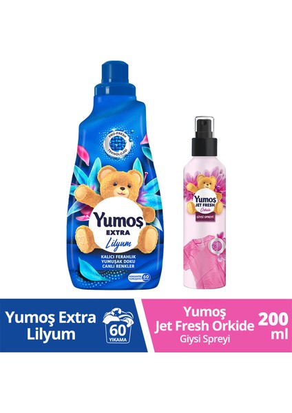 Jet Fresh Giysi Spreyi Orkide 200 ml x1+Yumoş Yumuşatıcısı Extra Konsantre Lilyum 1440 ml x1