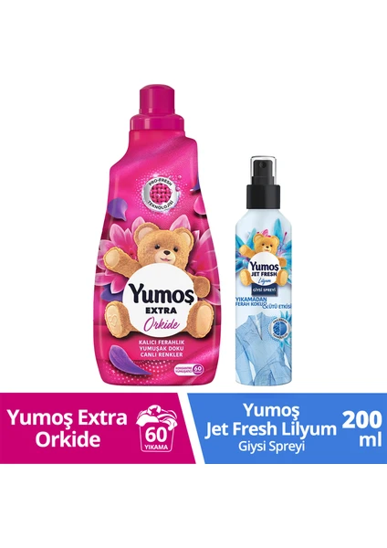 Jet Fresh Giysi Spreyi Lilyum 200 ml x1+Yumoş Konsantre Çamaşır Yumuşatıcısı Orkide 1440 ml x1