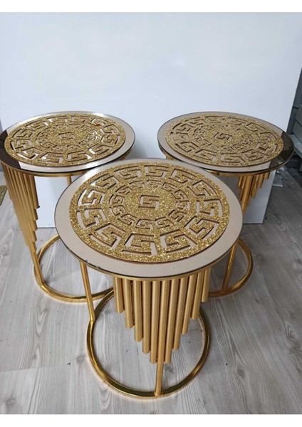 3 Adet Sehpa ÖRTÜSÜ/33CM Yuvarlak/simli Işıltılı Gold