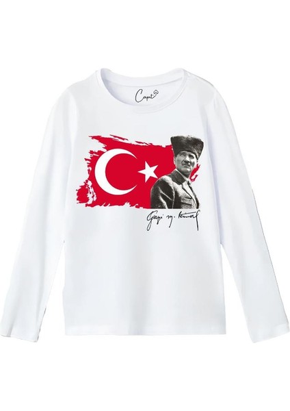 Pamuk Standart Kesim Sıfır Yaka Uzun Kollu Ay-Yıldız Gazi M.kemal Atatürk Baskılı 10 Kasım Çocuk Tişörtü